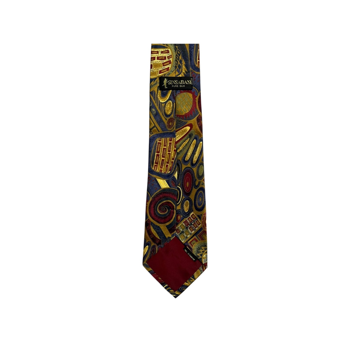 Sinsabang Pure Silk Abstract Necktie Blue Gold Red Geometric Swirl Print