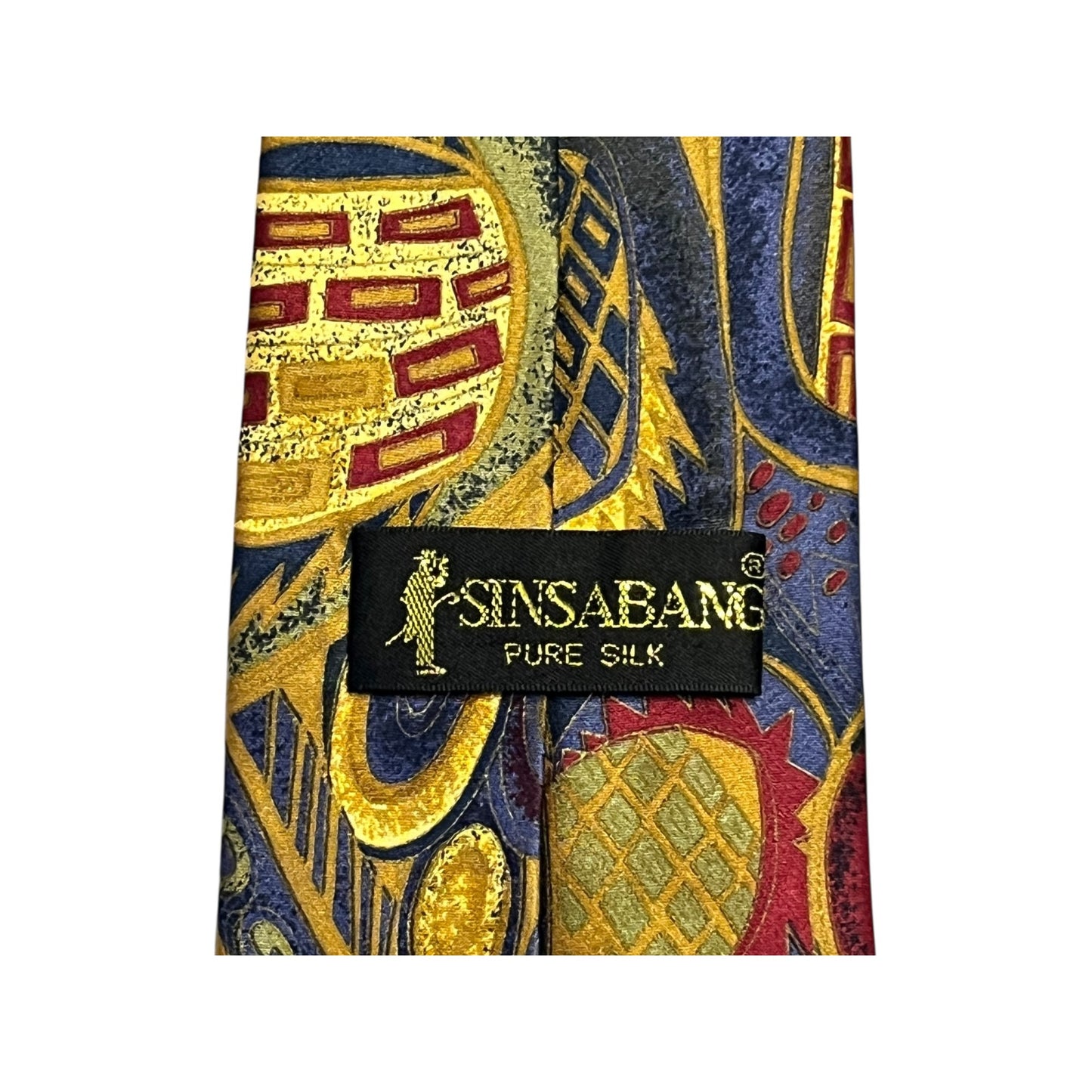 Sinsabang Pure Silk Abstract Necktie Blue Gold Red Geometric Swirl Print