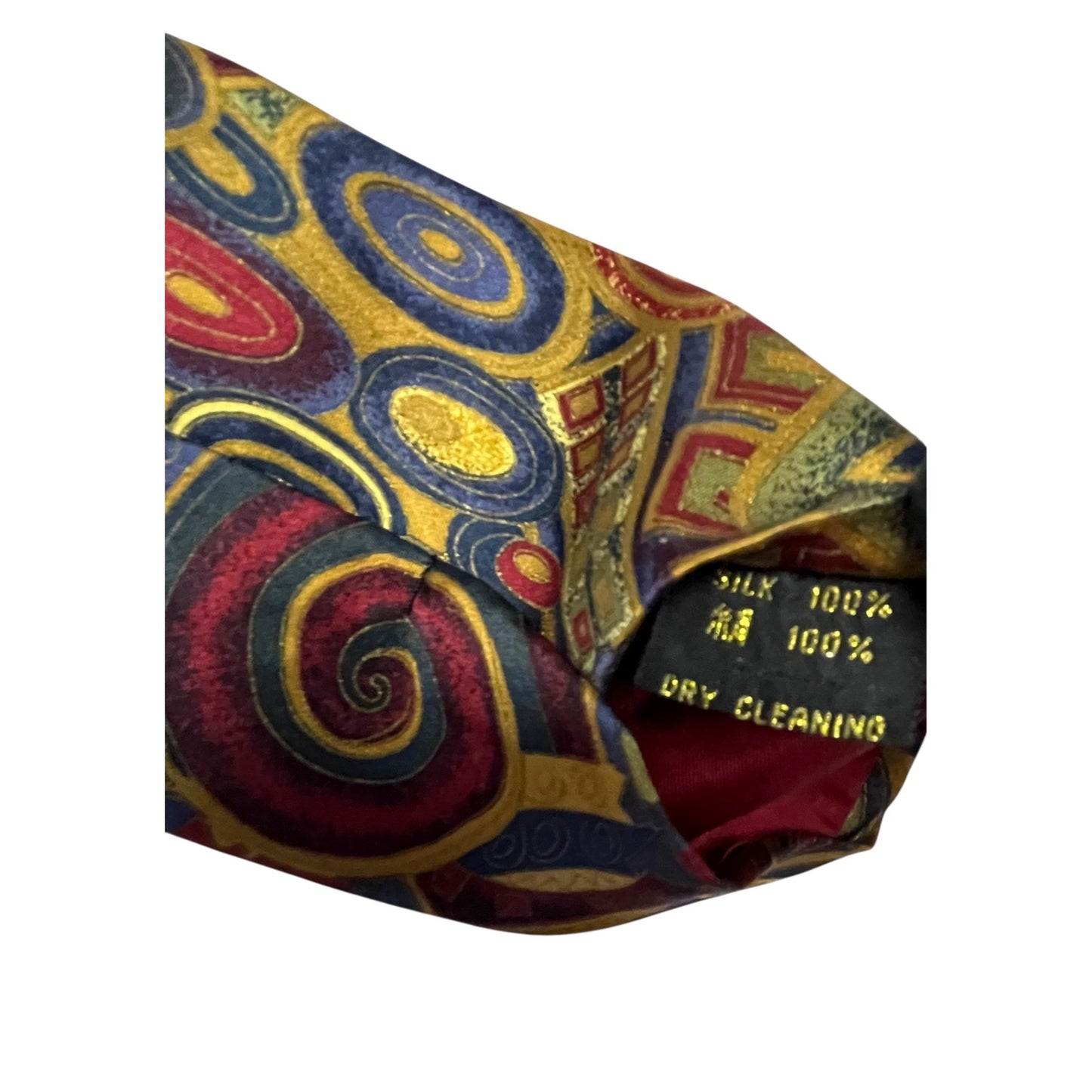 Sinsabang Pure Silk Abstract Necktie Blue Gold Red Geometric Swirl Print
