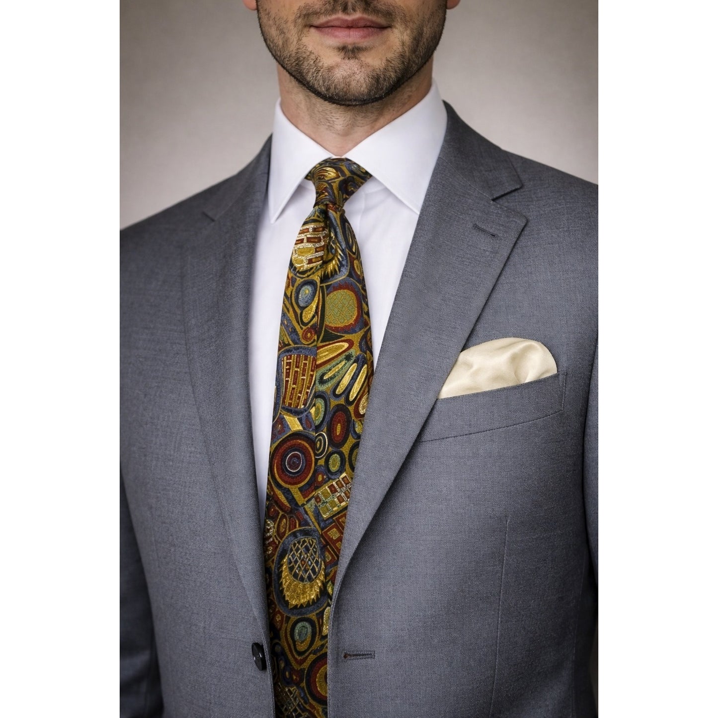Sinsabang Pure Silk Abstract Necktie Blue Gold Red Geometric Swirl Print