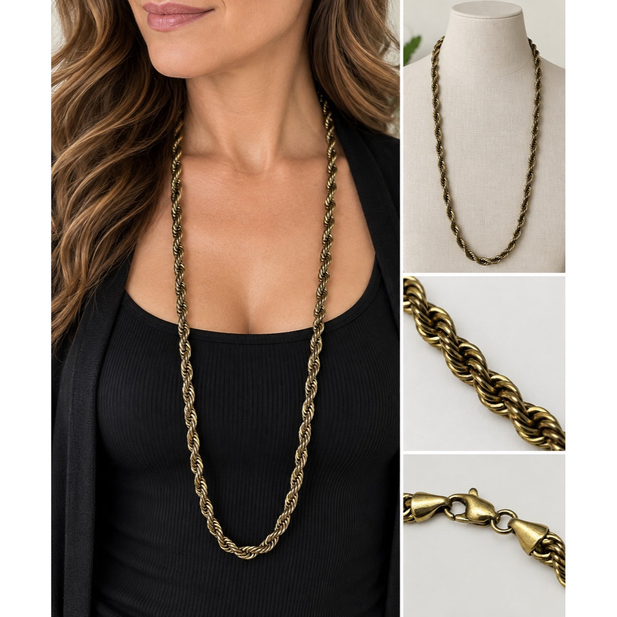 Vintage Gold Tone Twisted Rope Chain Necklace 23 Inch 1980s Statement Jewelry