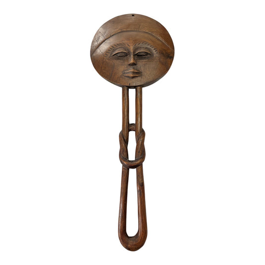 Vintage Hand-Carved Wooden Wall Hanging – African-Inspired Face with One-Piece Chain Link