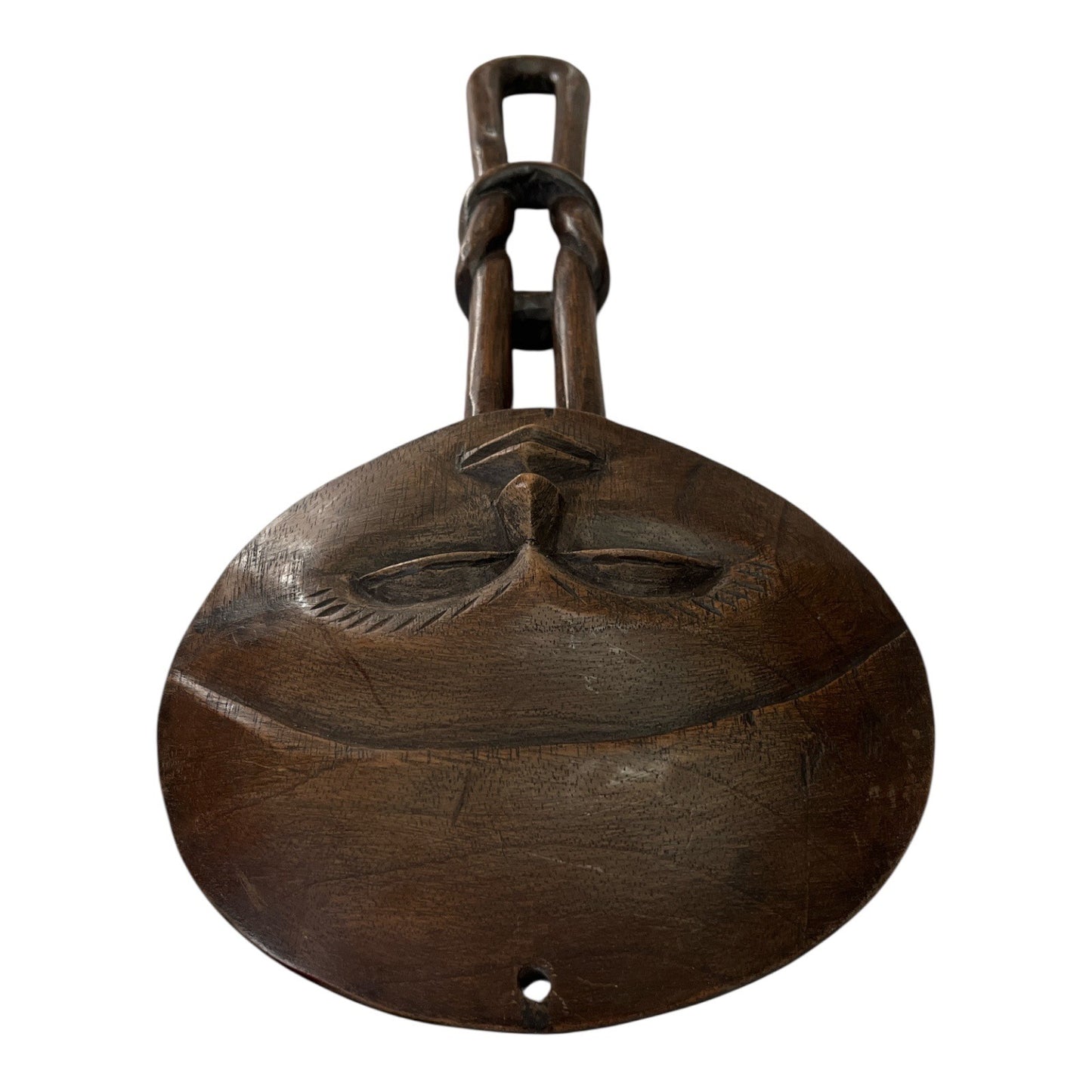 Vintage Hand-Carved Wooden Wall Hanging – African-Inspired Face with One-Piece Chain Link