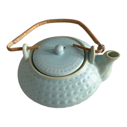 Pier 1 Blue Stoneware Teapot with Bamboo Handle – Textured Dotted Design