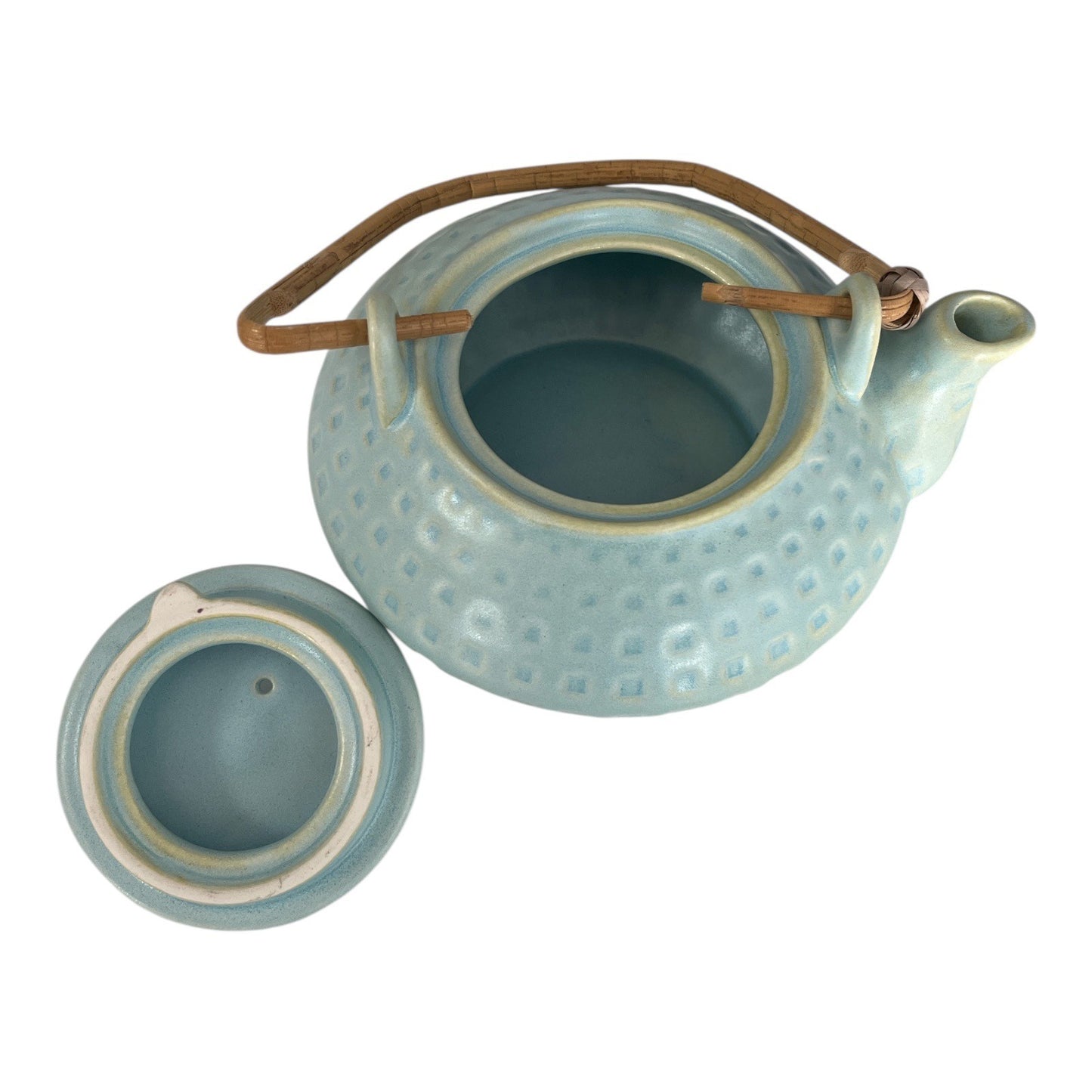 Pier 1 Blue Stoneware Teapot with Bamboo Handle – Textured Dotted Design