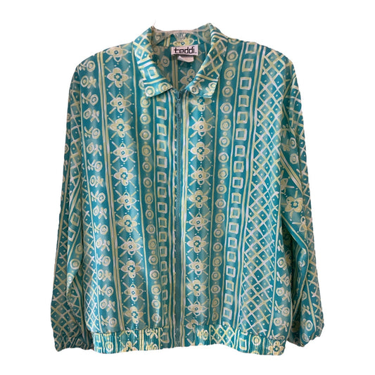 Vintage Teddi Blouse Jacket – Turquoise Geometric Floral Print – Size 2XL–3XL – 100% Polyester – Shoulder Pads