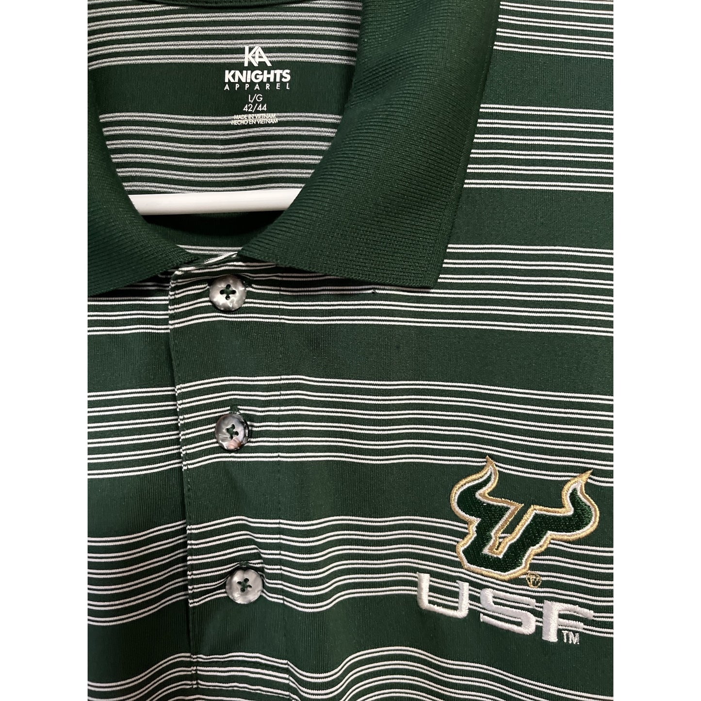 Knights Apparel USF Bulls Polo Shirt Green White Striped Men’s Size L