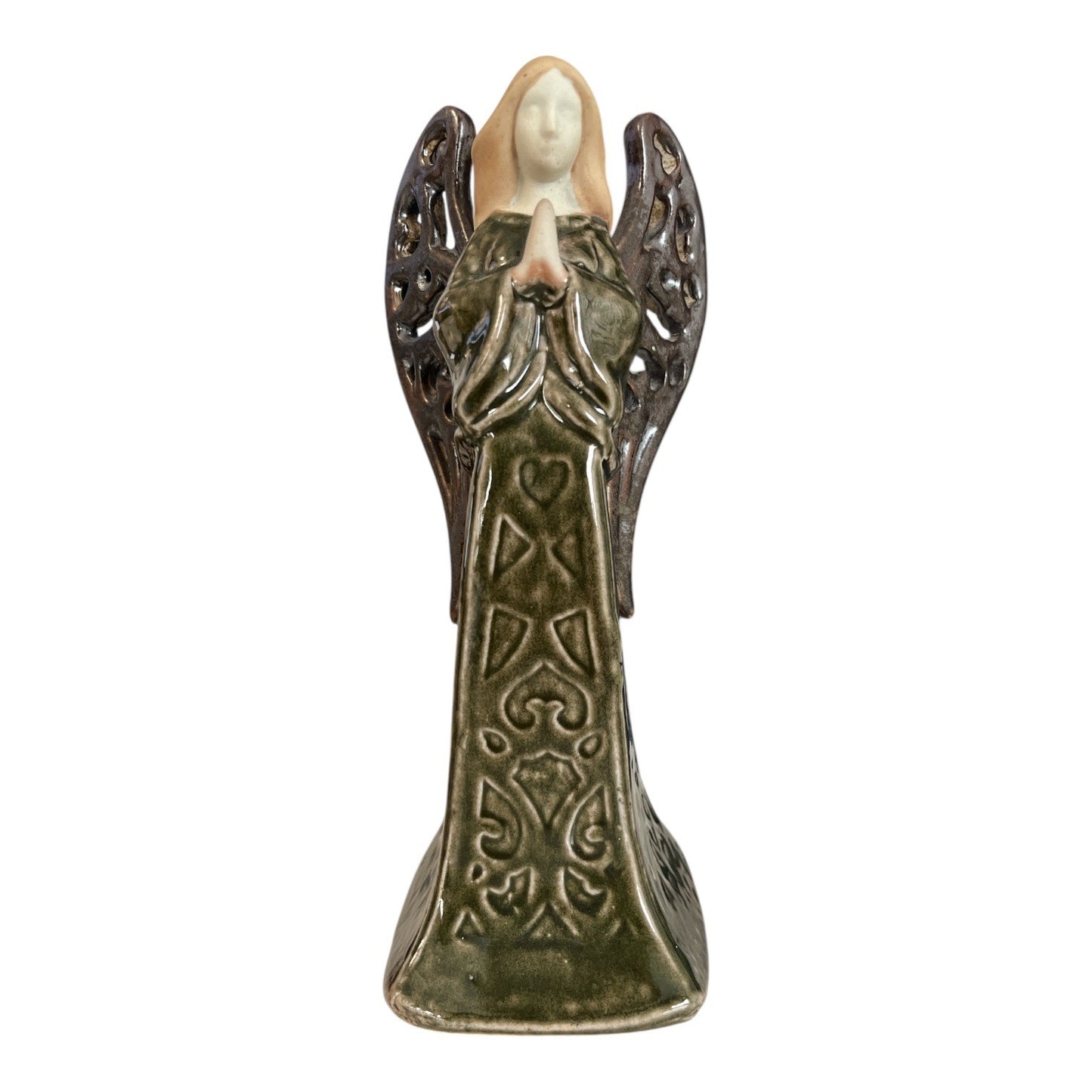 Ceramic Angel Figurine Earth Tone Glaze Praying Angel Sculpture 8 Inch