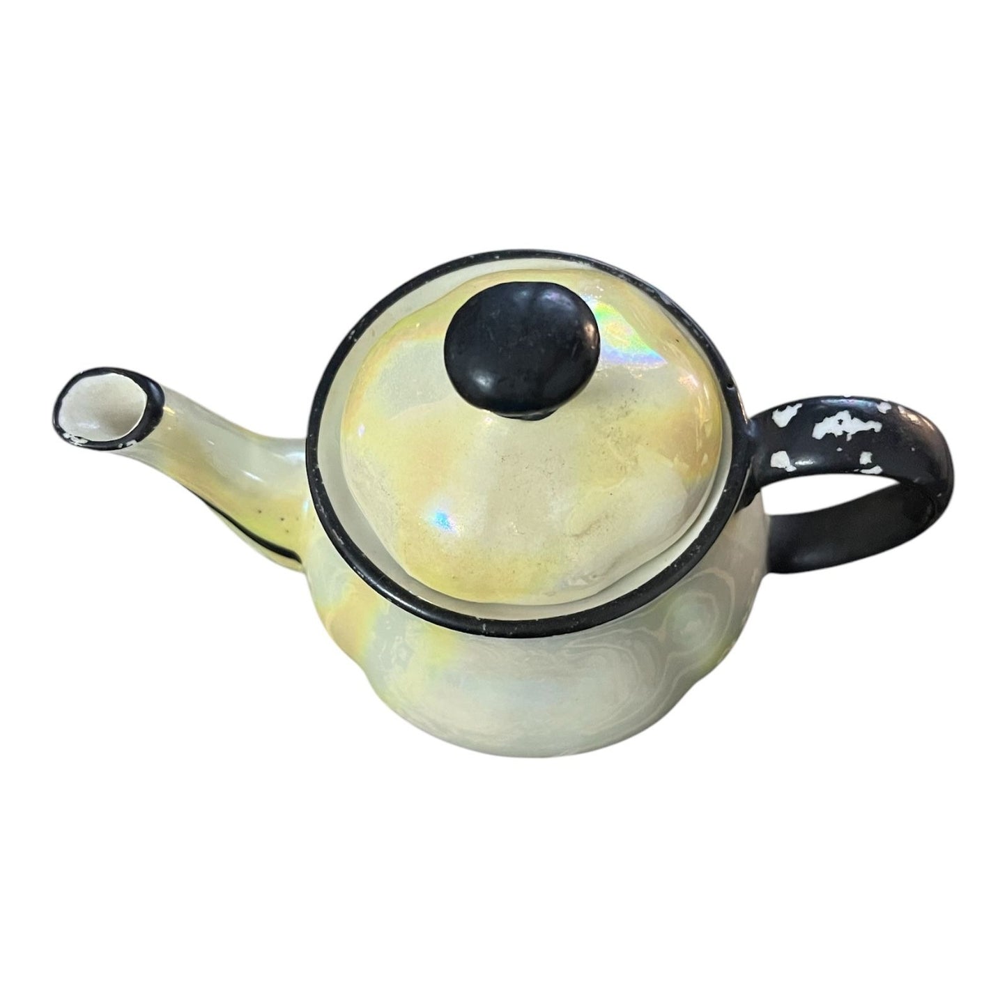 Vintage Czechoslovakia Lusterware Teapot – Cream & Yellow Iridescent Finish – Black Trim – 4.5x6