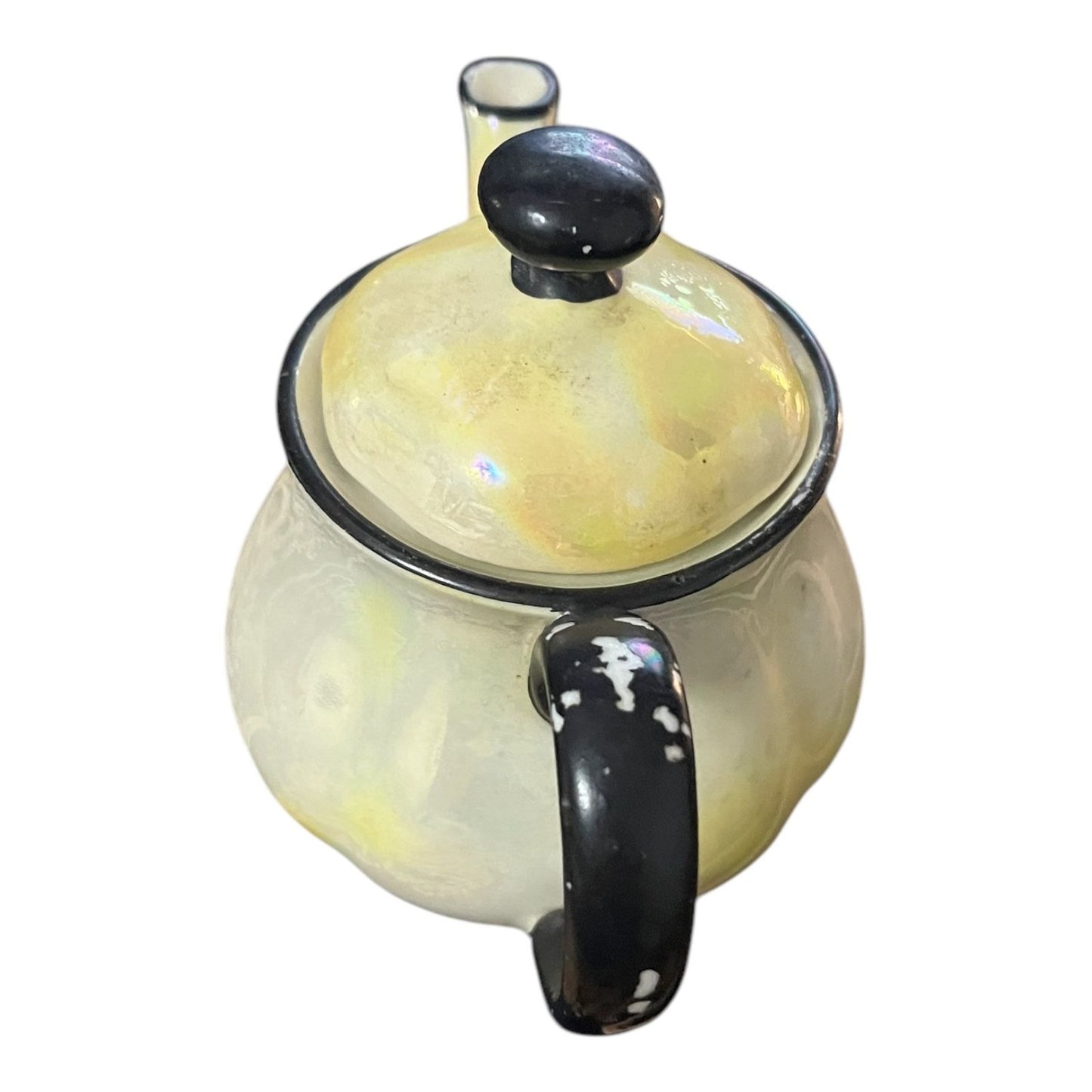 Vintage Czechoslovakia Lusterware Teapot – Cream & Yellow Iridescent Finish – Black Trim – 4.5x6