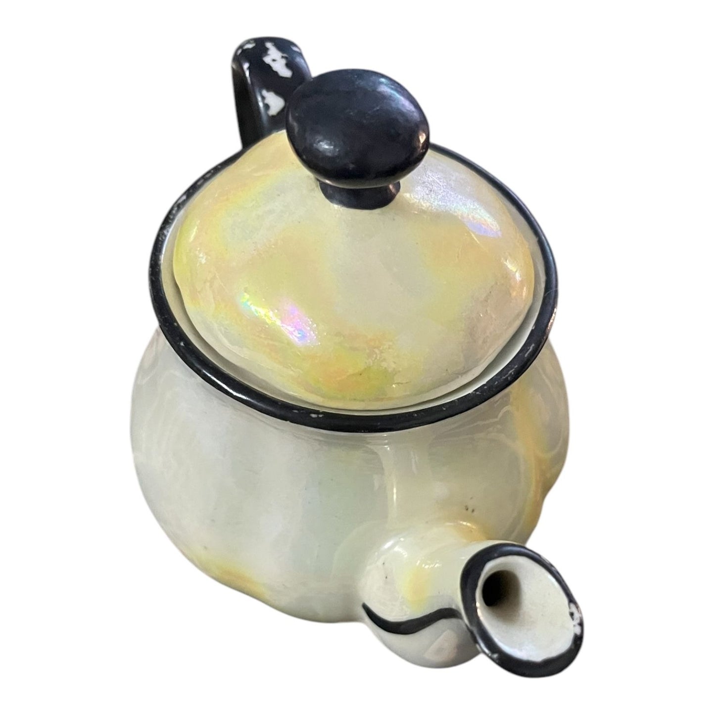 Vintage Czechoslovakia Lusterware Teapot – Cream & Yellow Iridescent Finish – Black Trim – 4.5x6