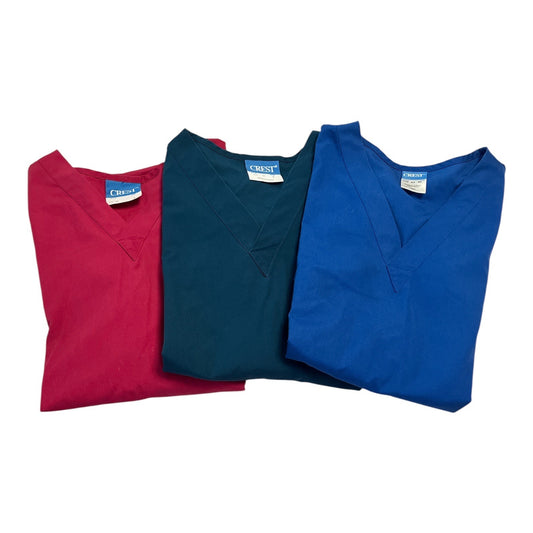 Set of 3 Crest Unisex Scrub Tops – Size S – Pink, Teal, Blue – 2-Pocket V-Neck Medical Uniform Shirts – 45" Chest