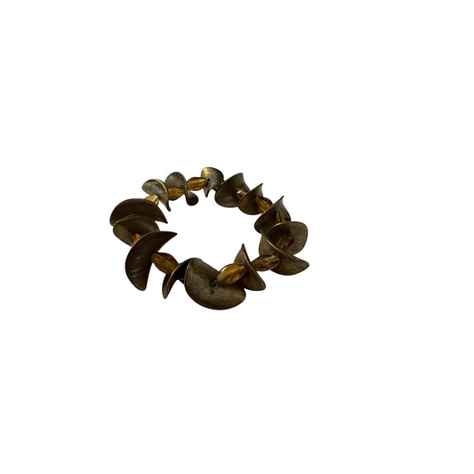 Vintage Artisan Brass Tone Abstract Leaf Stretch Bracelet Amber Acrylic Beads Boho Modernist