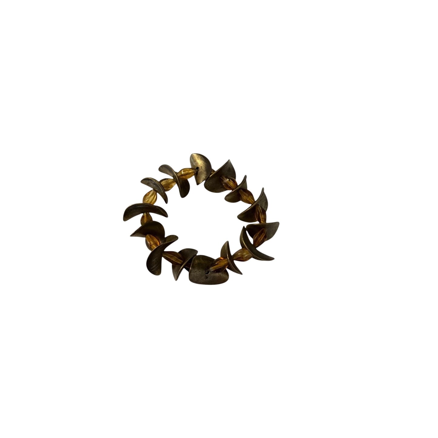 Vintage Artisan Brass Tone Abstract Leaf Stretch Bracelet Amber Acrylic Beads Boho Modernist