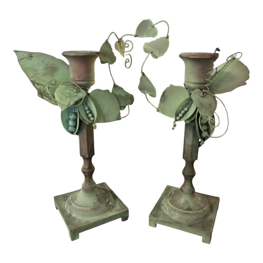Vintage Solid Brass Candle Holders with Green Patina – Pea Pod & Vine Leaf Design – Set of 2