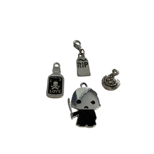 Halloween Horror Charm Lot of 4 Silver Tone Charms Michael Myers RIP Tombstone Potion Bottle Hat