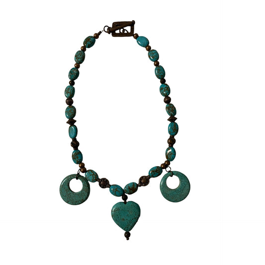 Turquoise Statement Necklace Heart Pendant African Beads Rustic Boho Jewelry