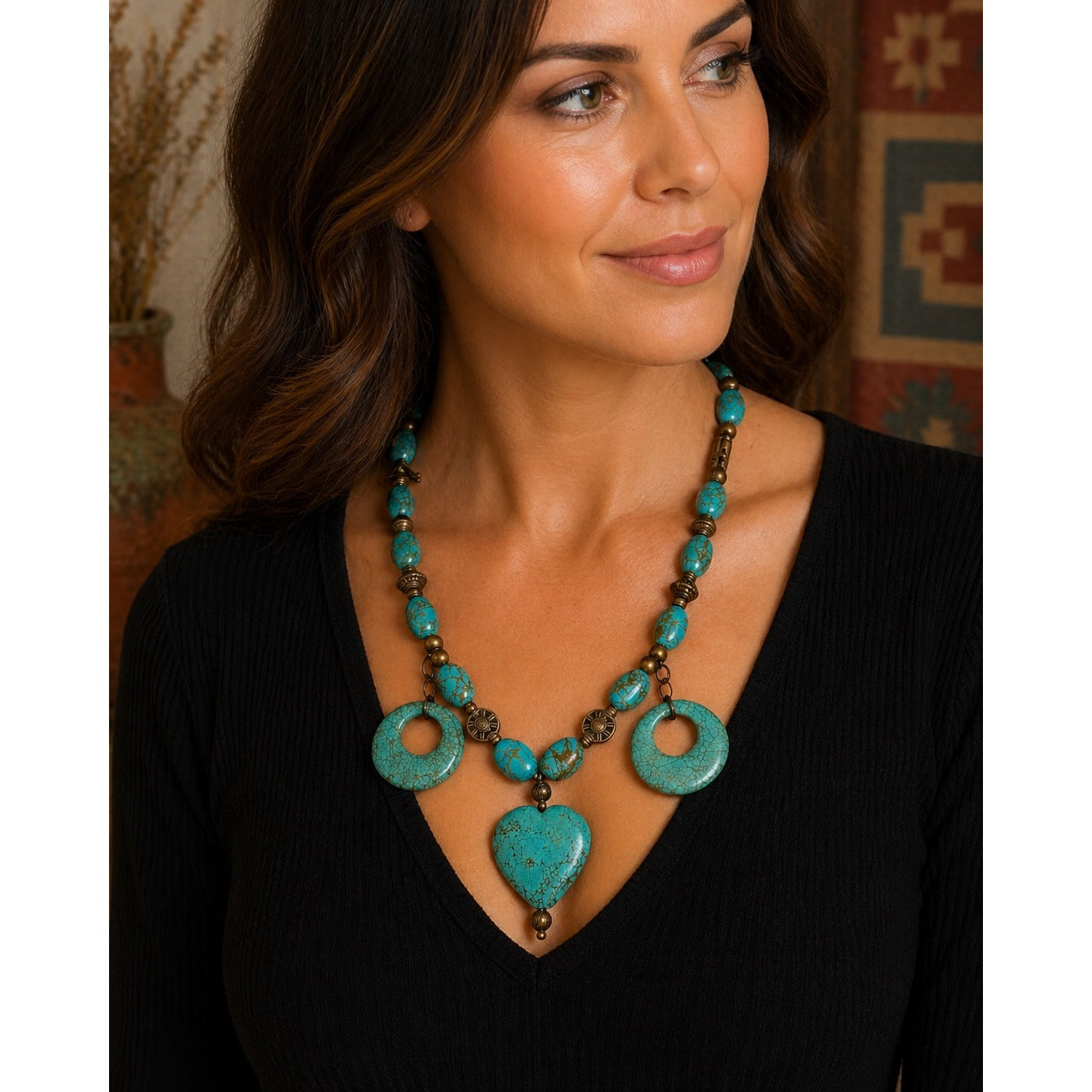Turquoise Statement Necklace Heart Pendant African Beads Rustic Boho Jewelry