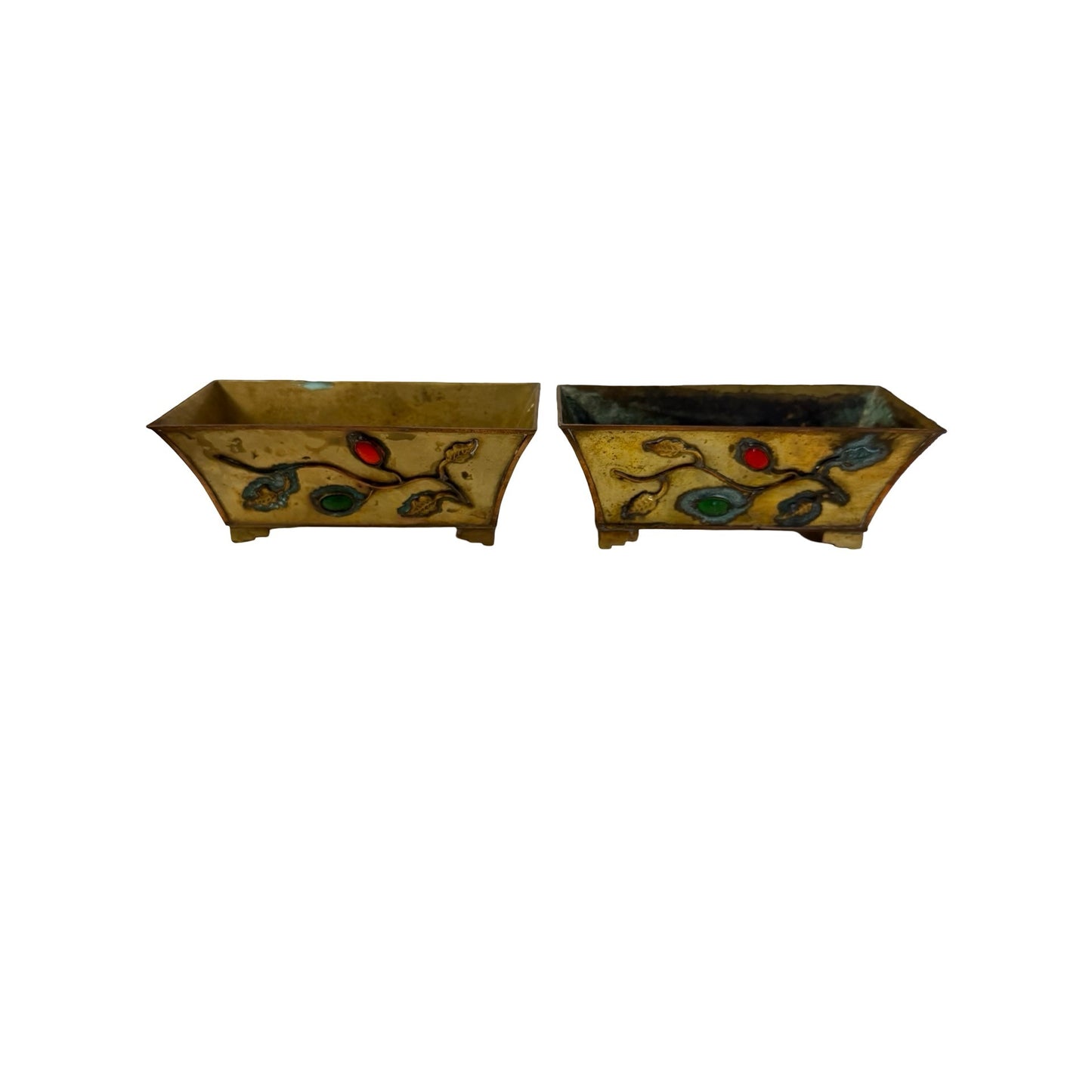 Vintage Brass Enamel Planters Set of 2 Rectangular Cachepot Trinket Dishes China