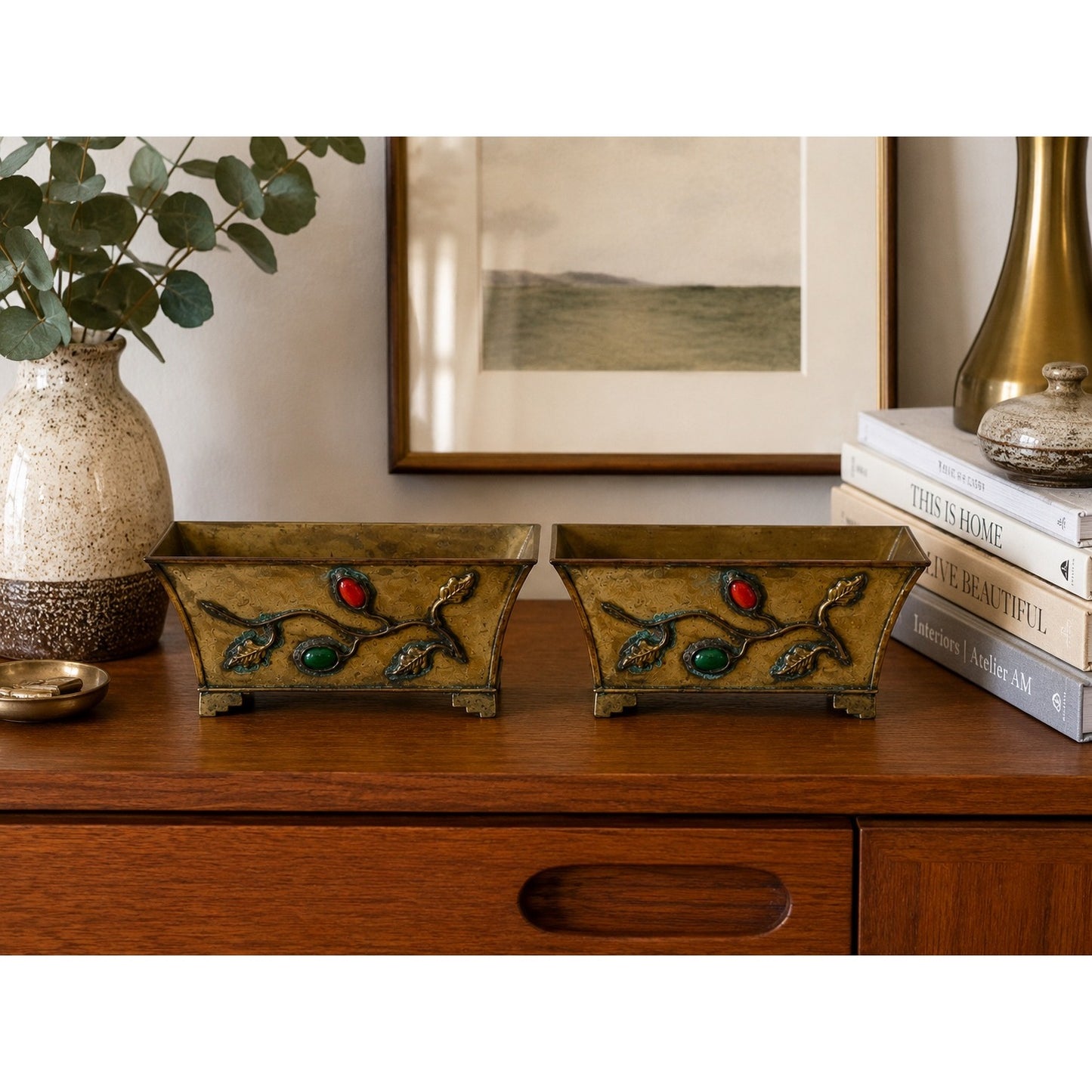Vintage Brass Enamel Planters Set of 2 Rectangular Cachepot Trinket Dishes China
