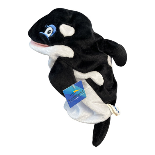 SeaWorld Adventure Parks Orca Whale Plush Puppet 12” Black White Early 2000s