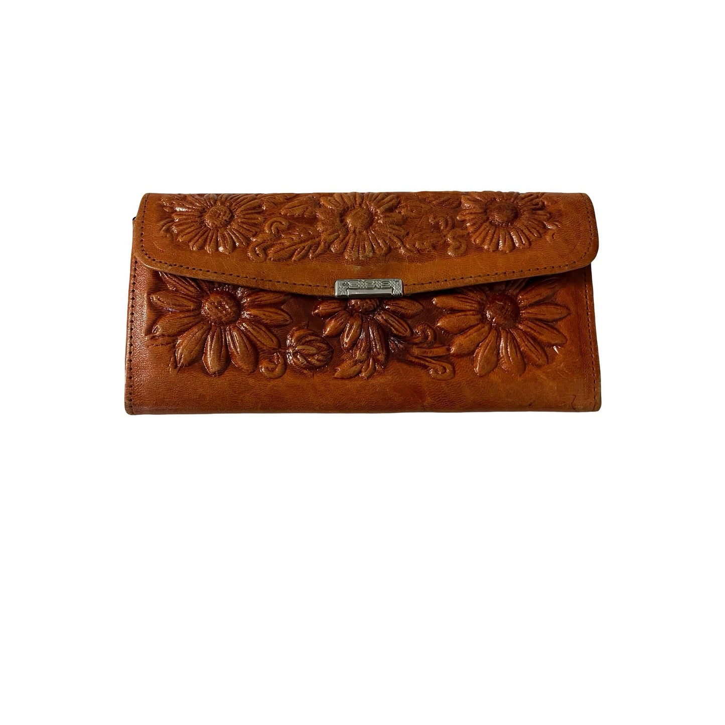 Vintage Tooled Leather Floral Wallet Brown Embossed Clutch Hecho en Mexico