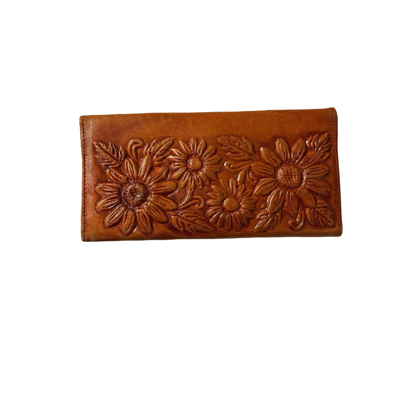 Vintage Tooled Leather Floral Wallet Brown Embossed Clutch Hecho en Mexico