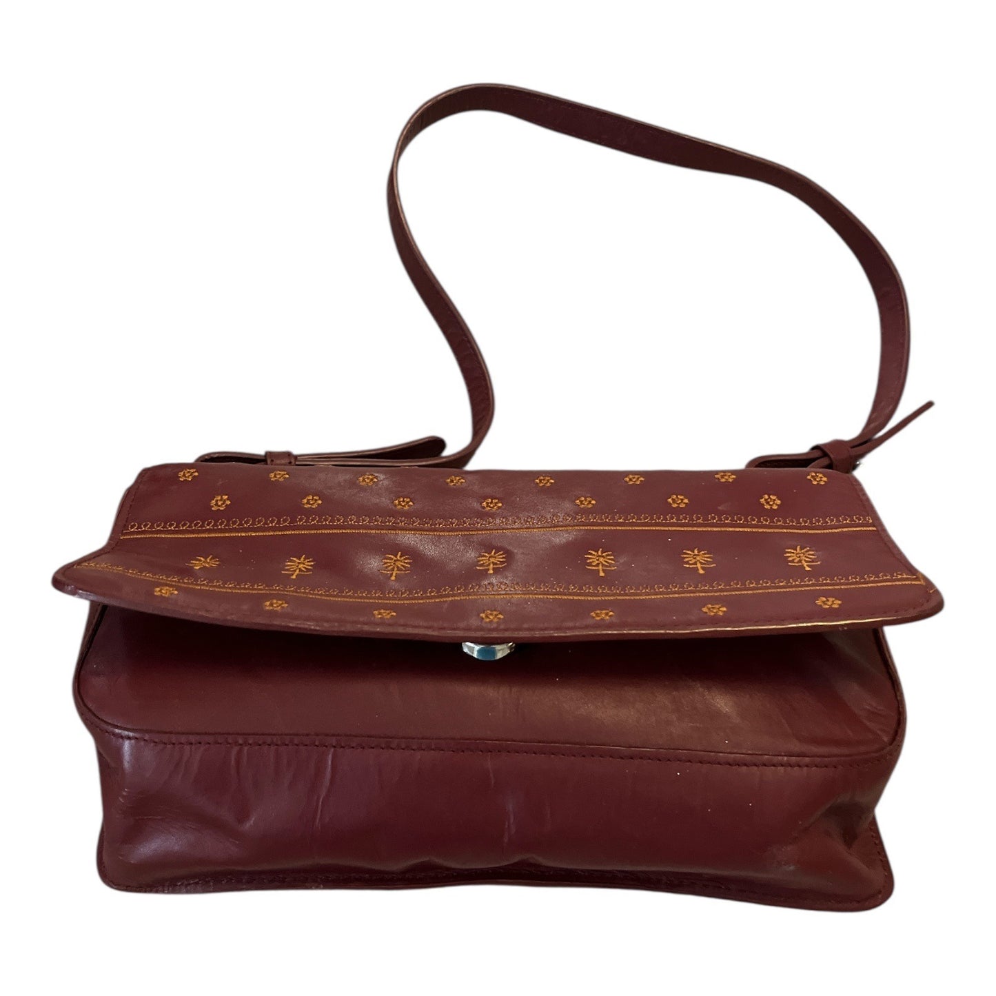 Adrienne Vittadini Burgundy Leather Shoulder Bag Floral Palm Tree Embossed