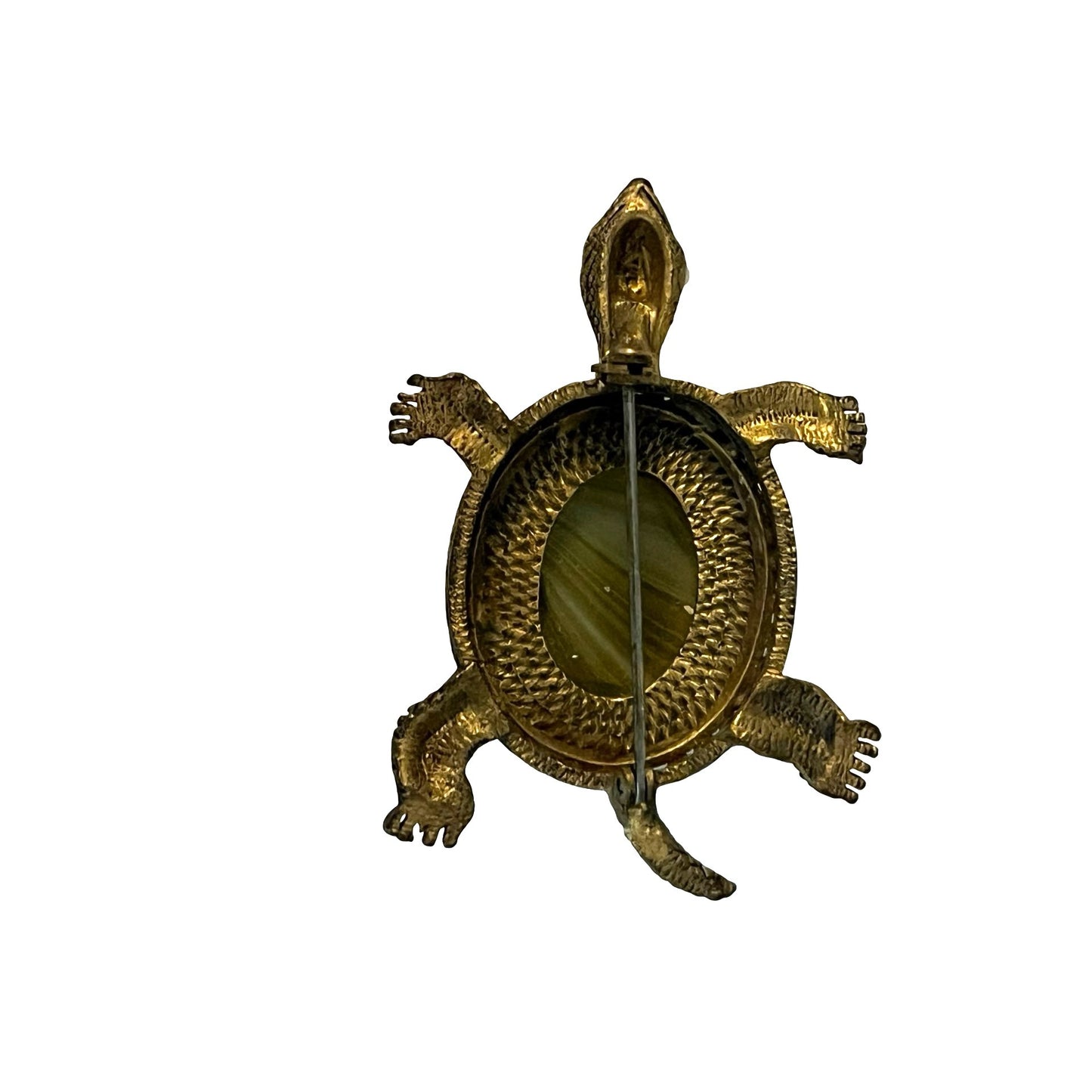 Vintage Turtle Brooch Gold Tone Tiger Eye Rhinestone Faux Pearl Figural Pin 2.5”