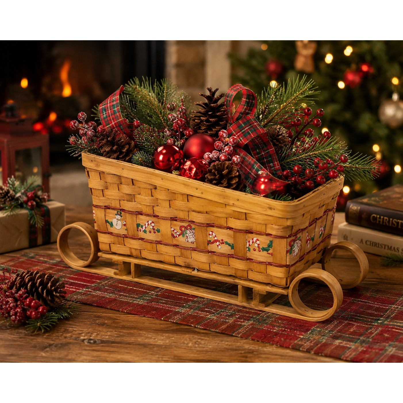 Christmas Woven Sleigh Basket Wooden Holiday Centerpiece Candy Gift Basket Decor