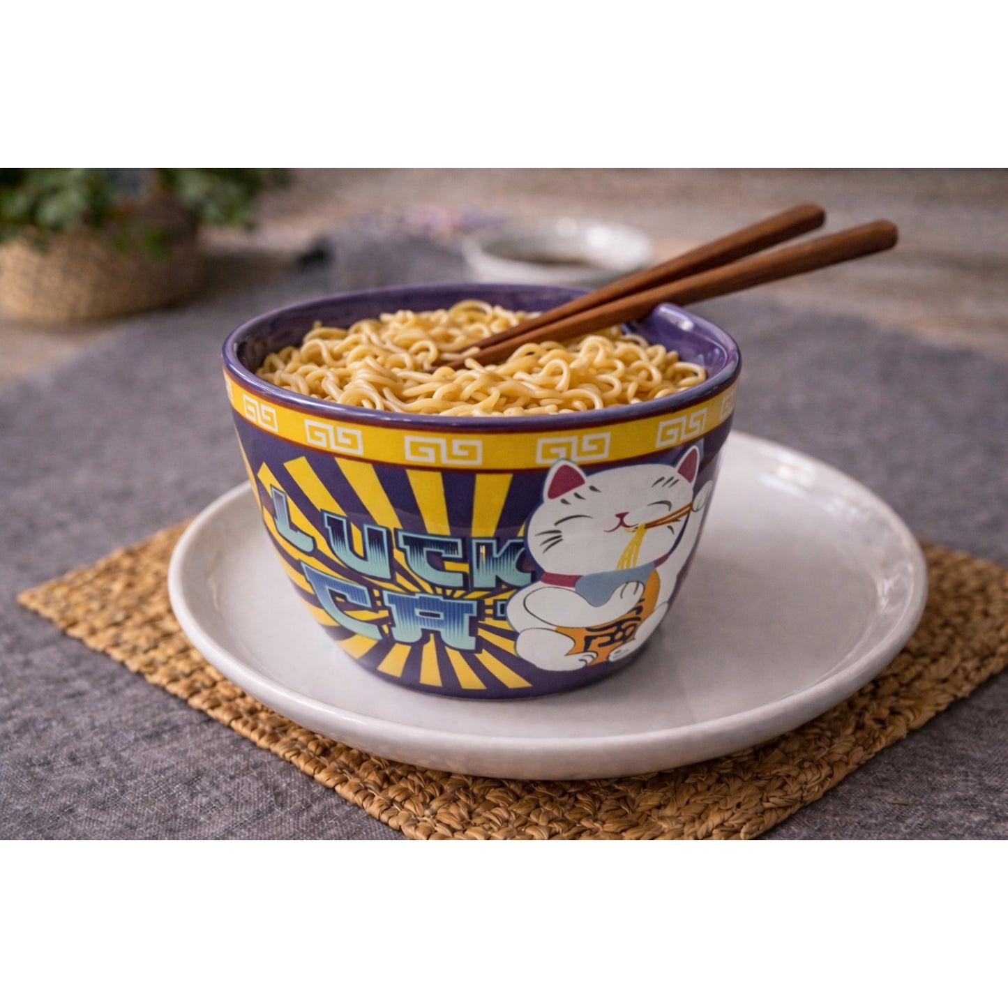 Lucky Cat “Bowl/Boo” Ramen Mug Toynk Ceramic Maneki Neko Purple Noodle Cup