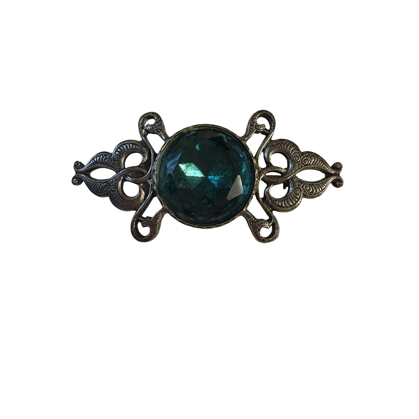 Vintage Silver Tone Filigree Brooch Blue Faceted Glass Cabochon Pin