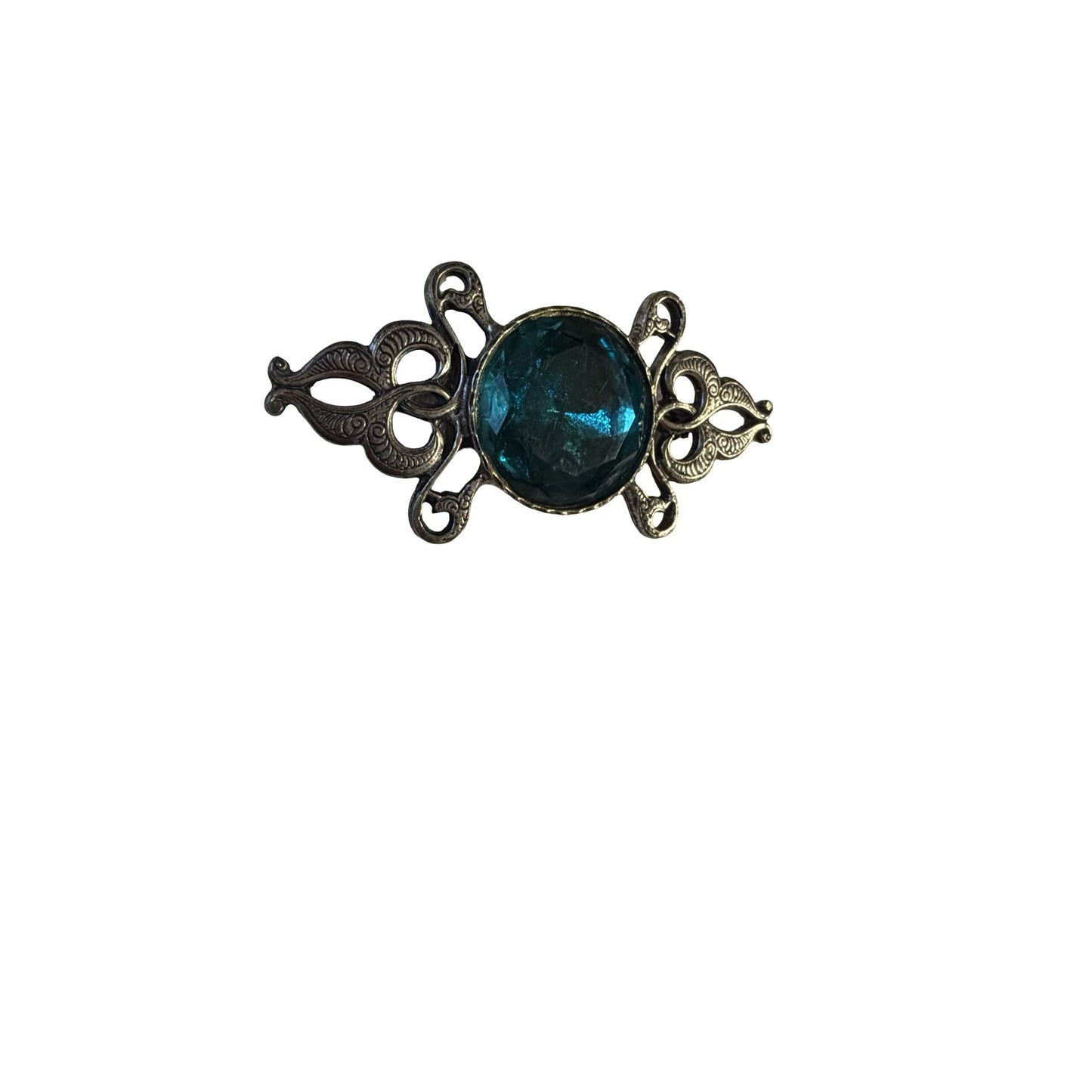 Vintage Silver Tone Filigree Brooch Blue Faceted Glass Cabochon Pin