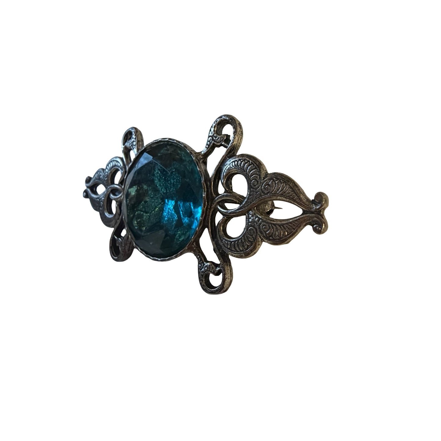 Vintage Silver Tone Filigree Brooch Blue Faceted Glass Cabochon Pin