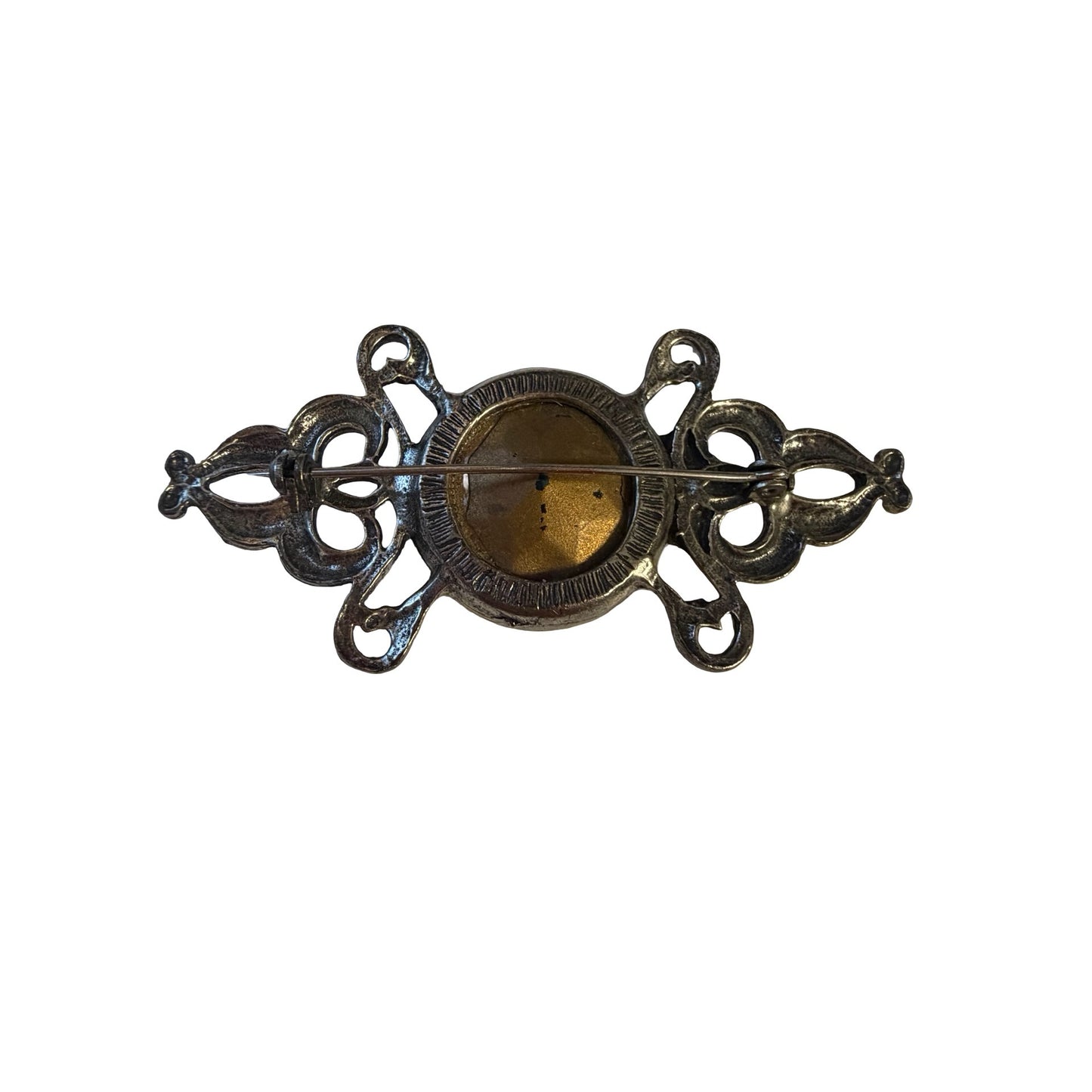 Vintage Silver Tone Filigree Brooch Blue Faceted Glass Cabochon Pin