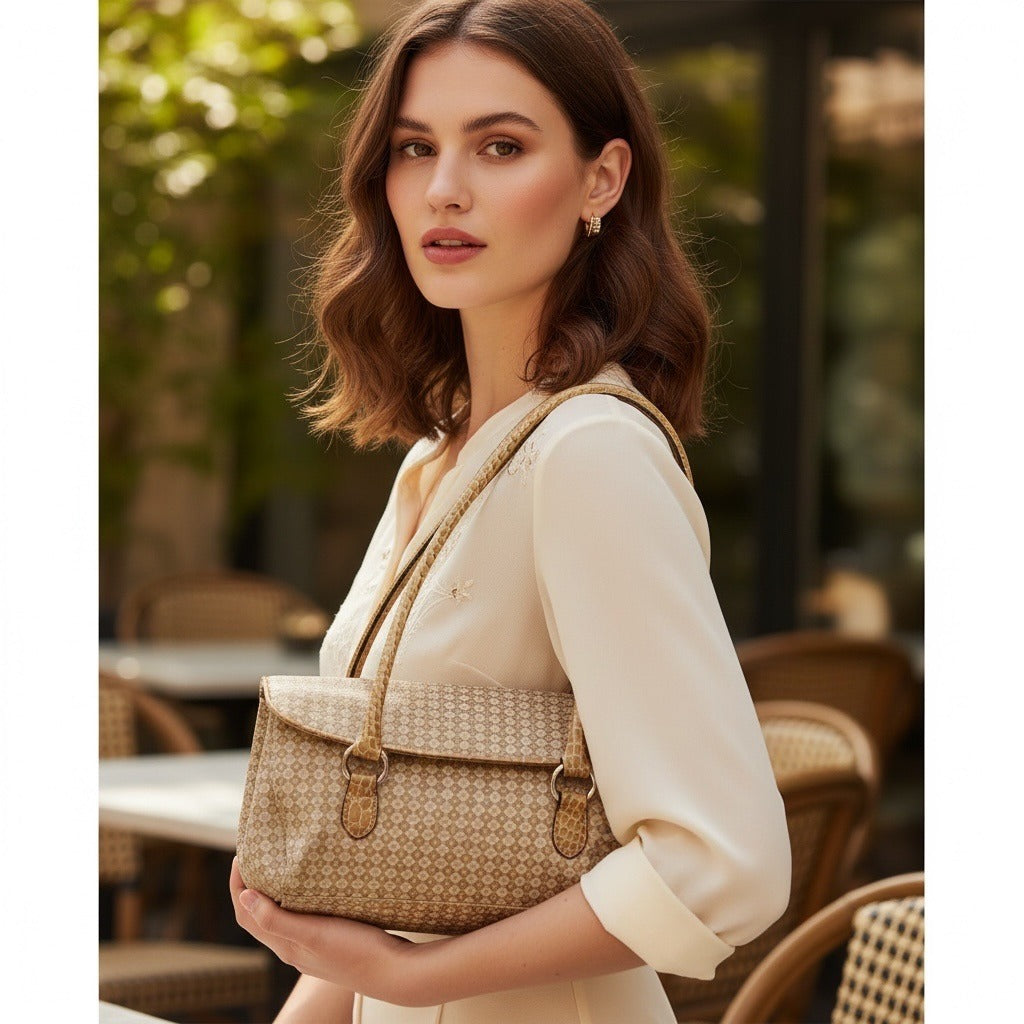 Nine West Brown Monogram Shoulder Bag Faux Croc Trim Early 2000s