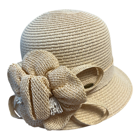 C.C Exclusives Women’s Beige Cloche Hat – Bow & Flower Accent
