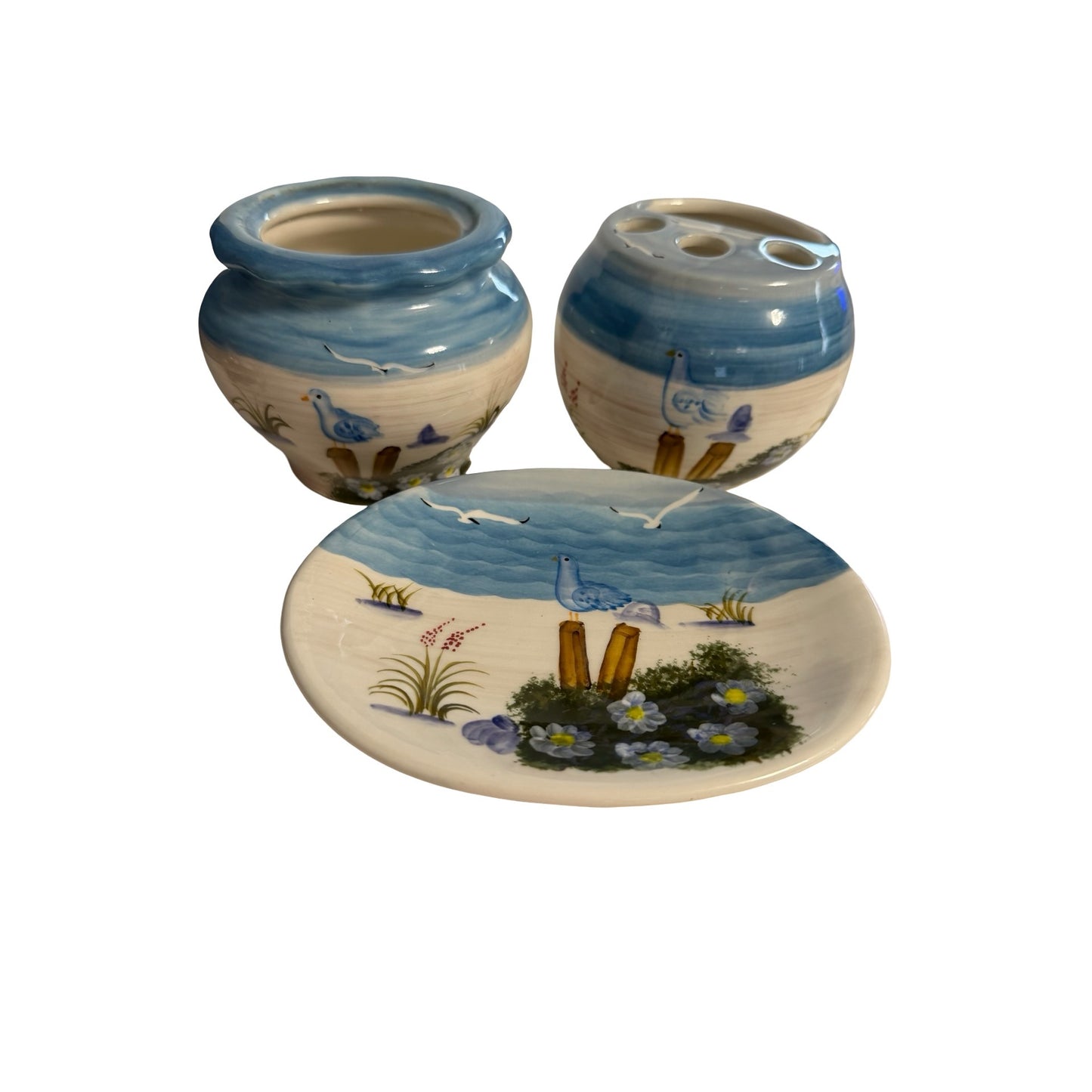 Vintage Coastal Ceramic Bathroom Set Seagull Toothbrush Holder Vanity Tray Blue White