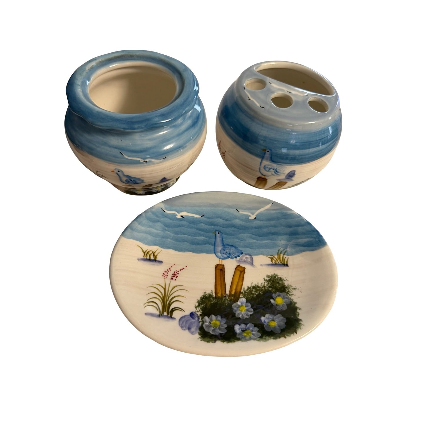 Vintage Coastal Ceramic Bathroom Set Seagull Toothbrush Holder Vanity Tray Blue White