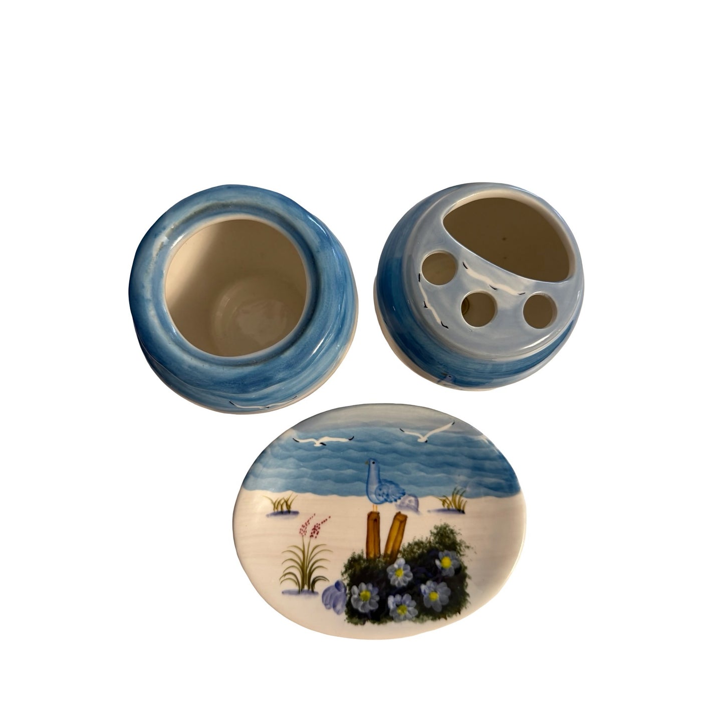 Vintage Coastal Ceramic Bathroom Set Seagull Toothbrush Holder Vanity Tray Blue White