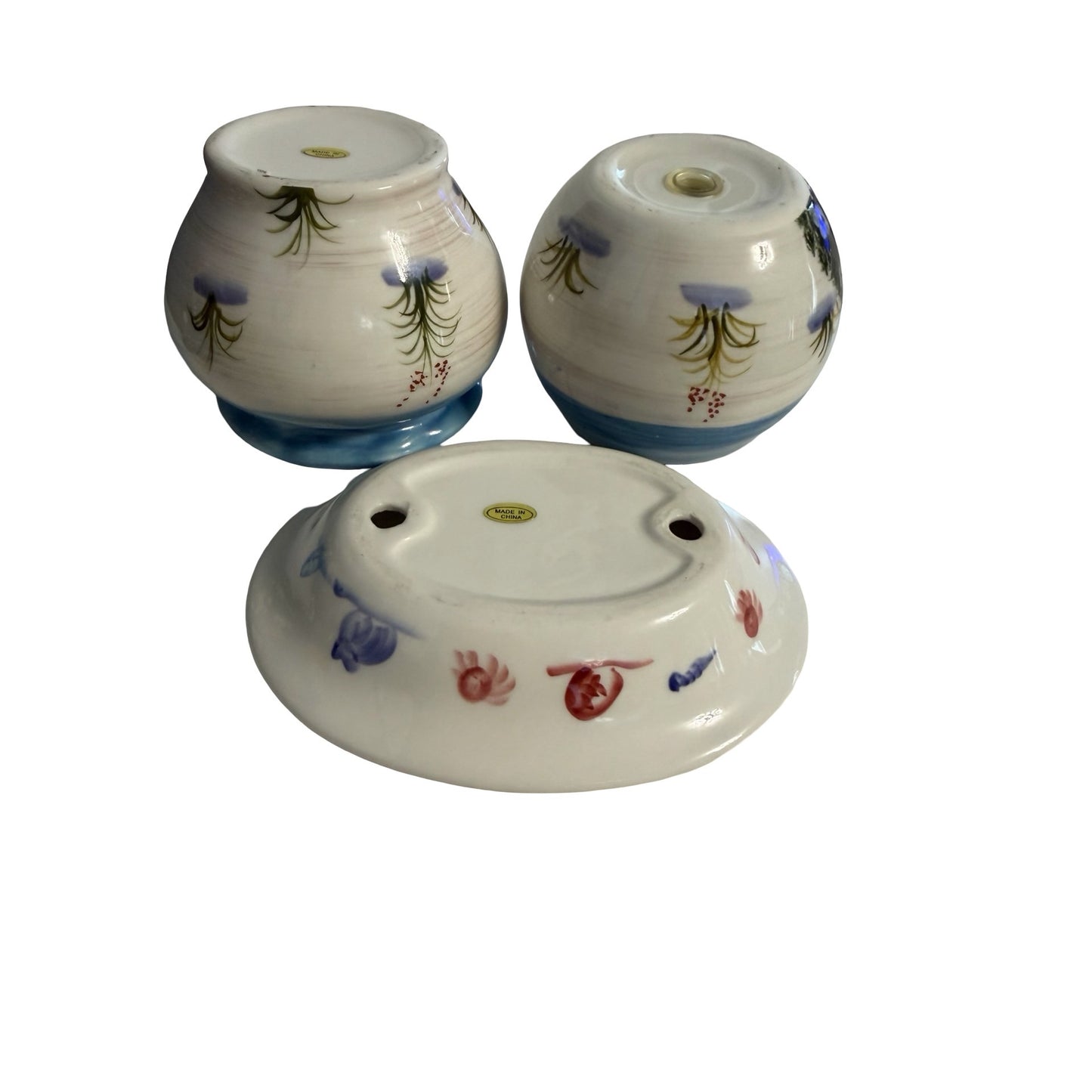 Vintage Coastal Ceramic Bathroom Set Seagull Toothbrush Holder Vanity Tray Blue White