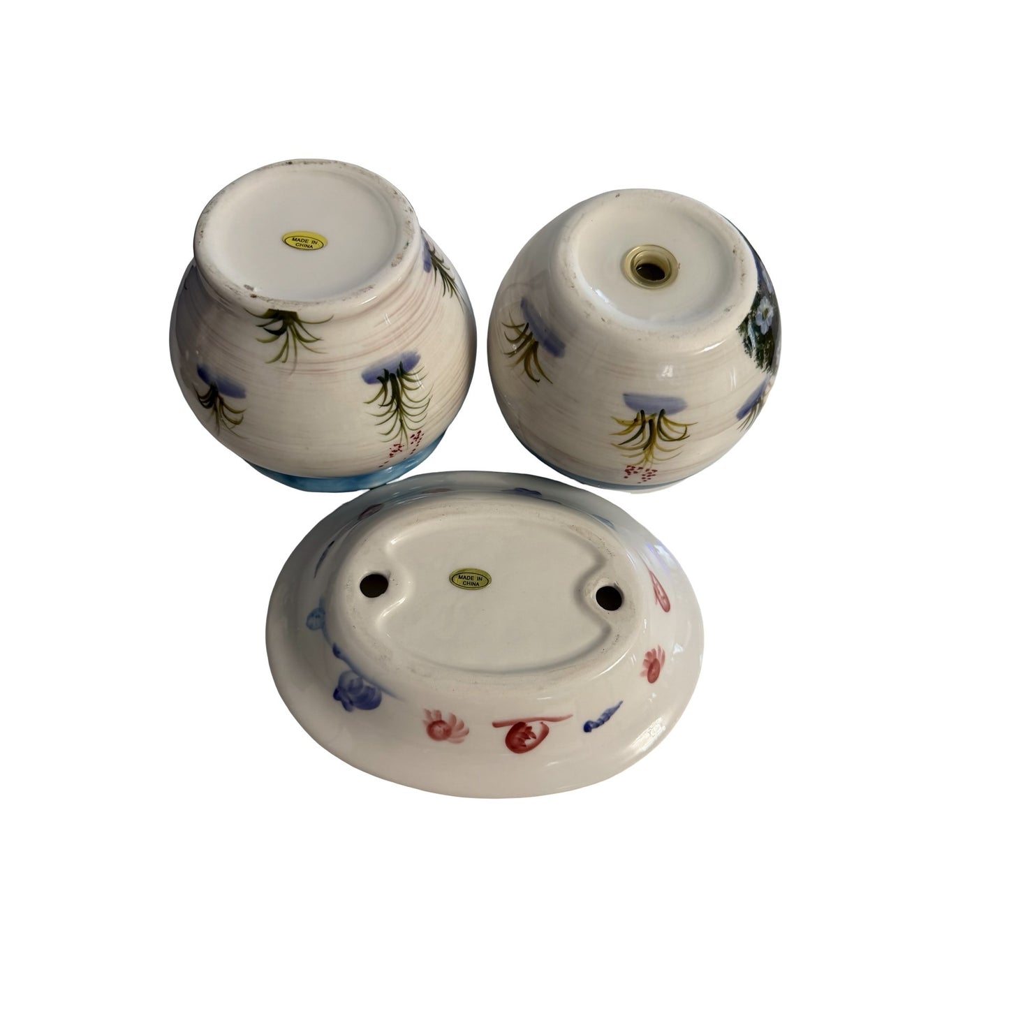 Vintage Coastal Ceramic Bathroom Set Seagull Toothbrush Holder Vanity Tray Blue White