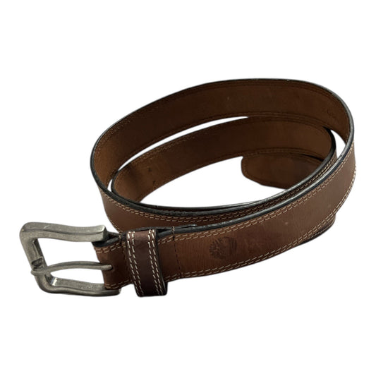 Y2K Timberland Brown Leather Belt 46 Inch Contrast Stitch Logo Buckle