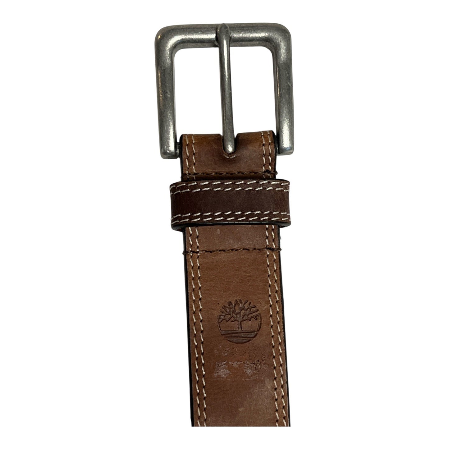Y2K Timberland Brown Leather Belt 46 Inch Contrast Stitch Logo Buckle