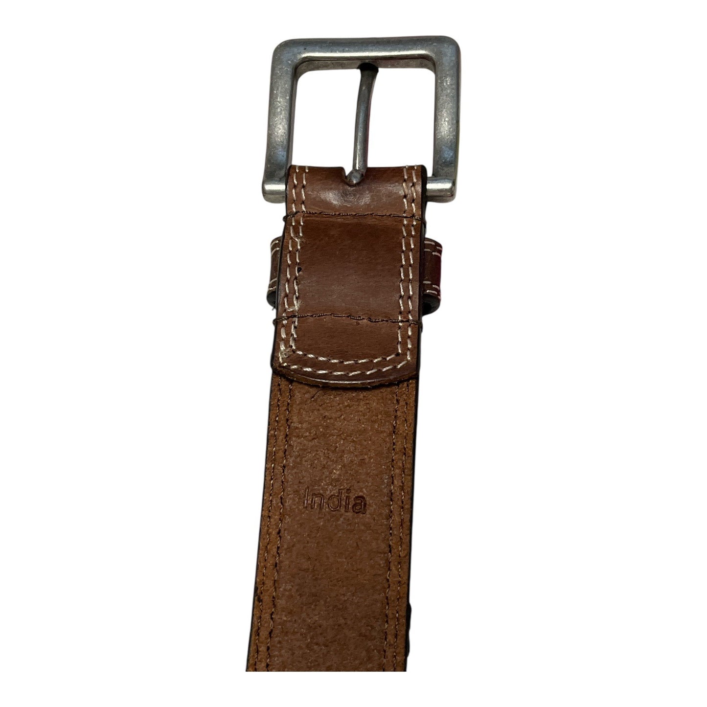 Y2K Timberland Brown Leather Belt 46 Inch Contrast Stitch Logo Buckle
