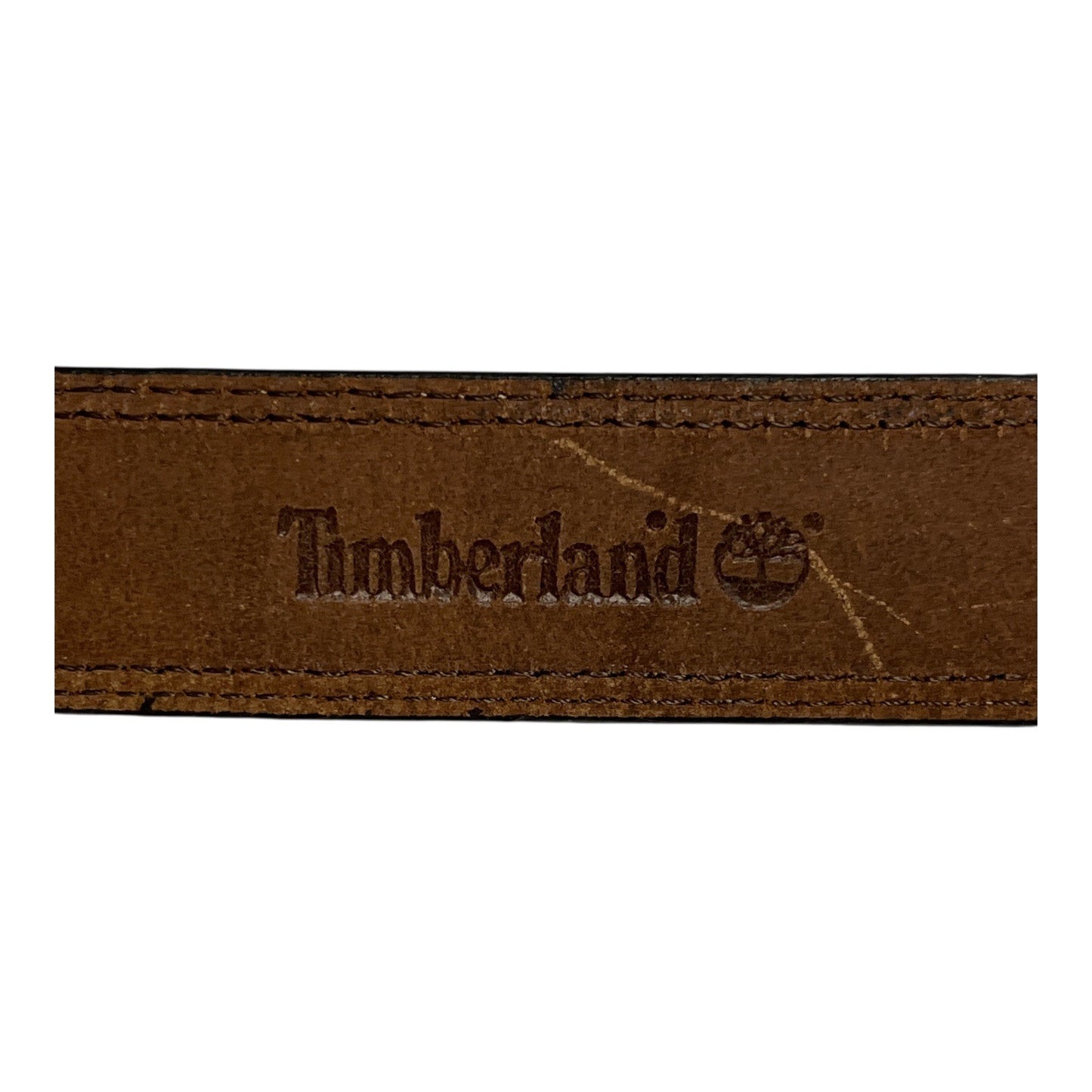 Y2K Timberland Brown Leather Belt 46 Inch Contrast Stitch Logo Buckle