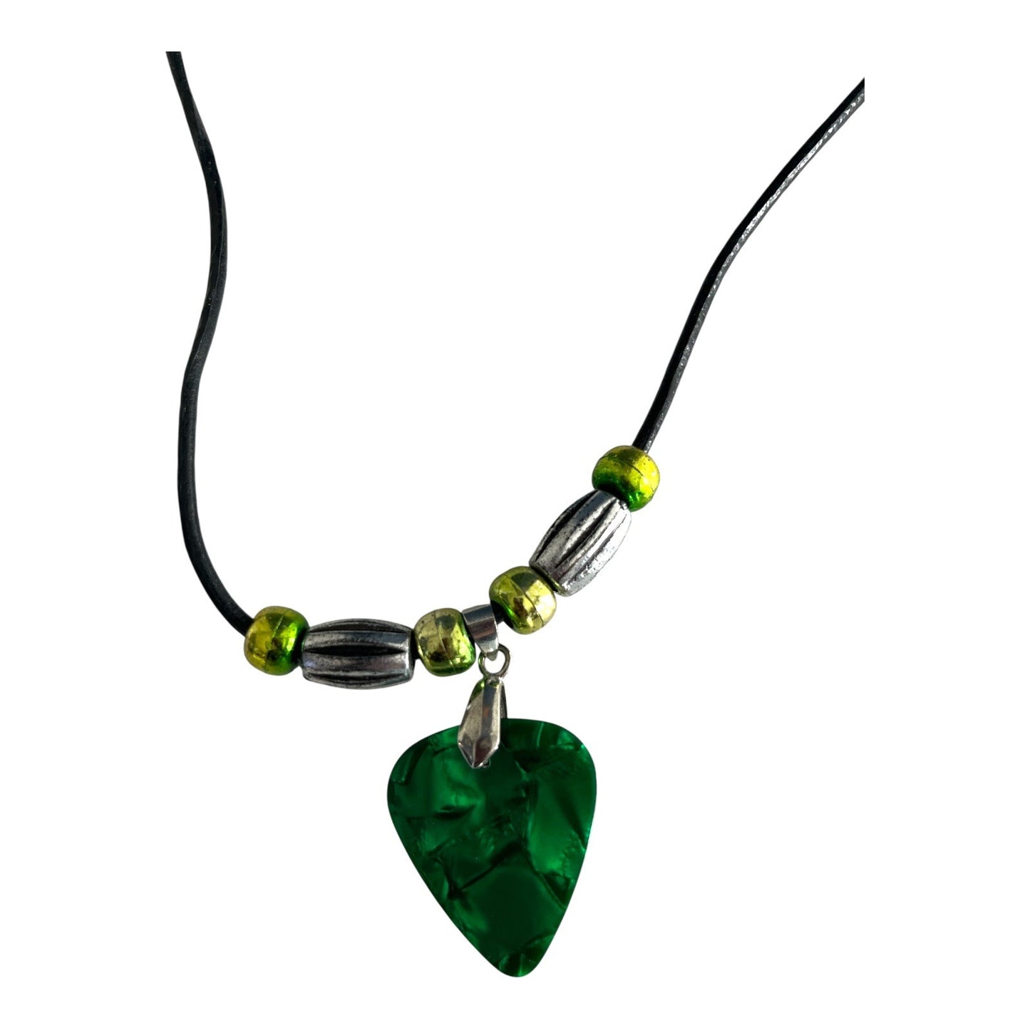 Handmade Fender Guitar Pick Necklace – Green Medium Pick with Beads on Black Cord – 15”