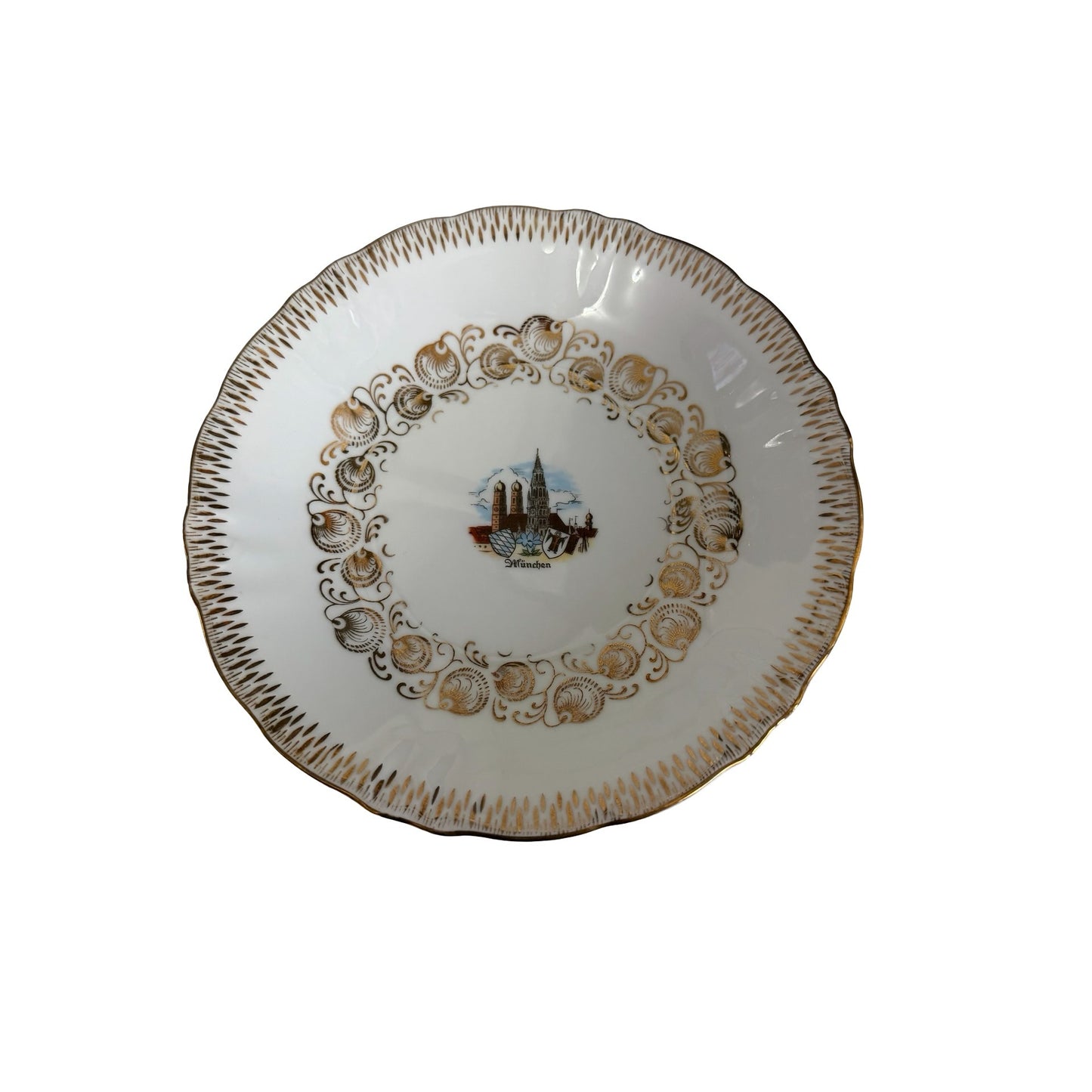 Winterling Bavaria München 22K Gold Porcelain Souvenir Bowl Germany Scalloped Dish 8”