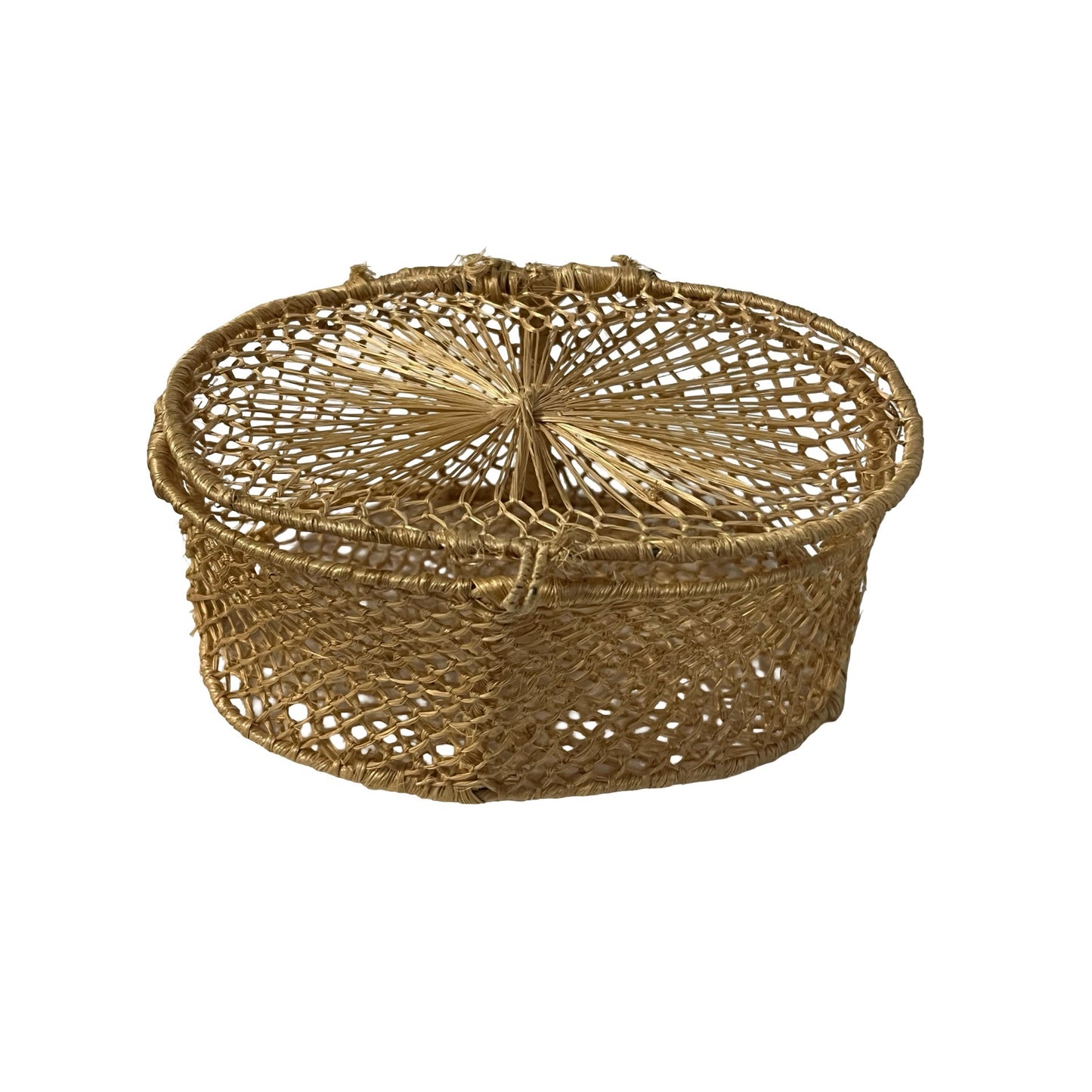 Vintage Woven Basket Lidded Round Trinket Box Natural Fiber Boho Storage 5"