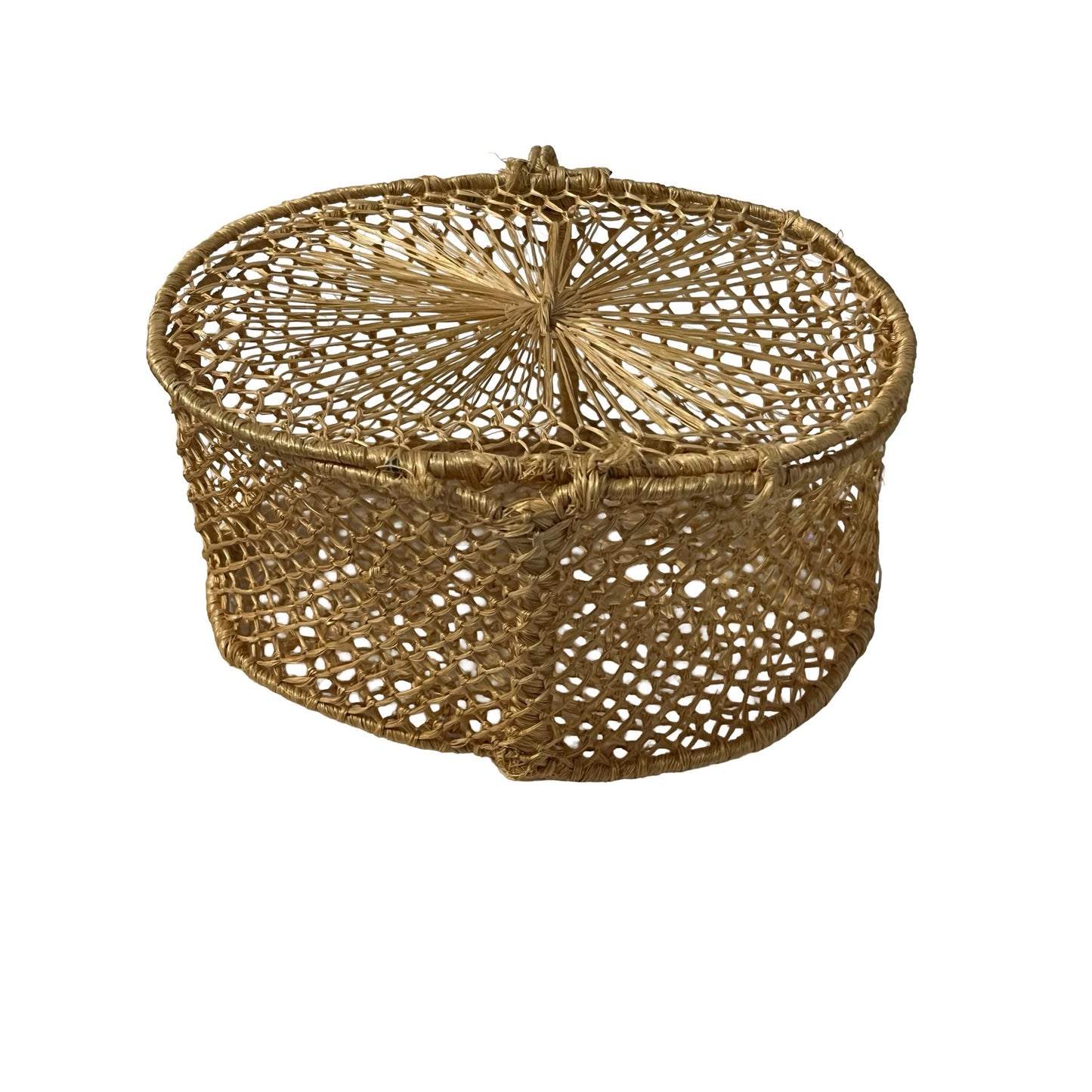 Vintage Woven Basket Lidded Round Trinket Box Natural Fiber Boho Storage 5"